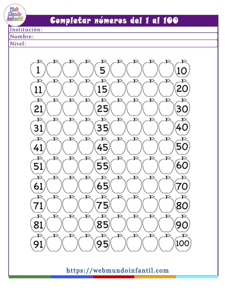 Completar números del 1 al 100 para imprimir