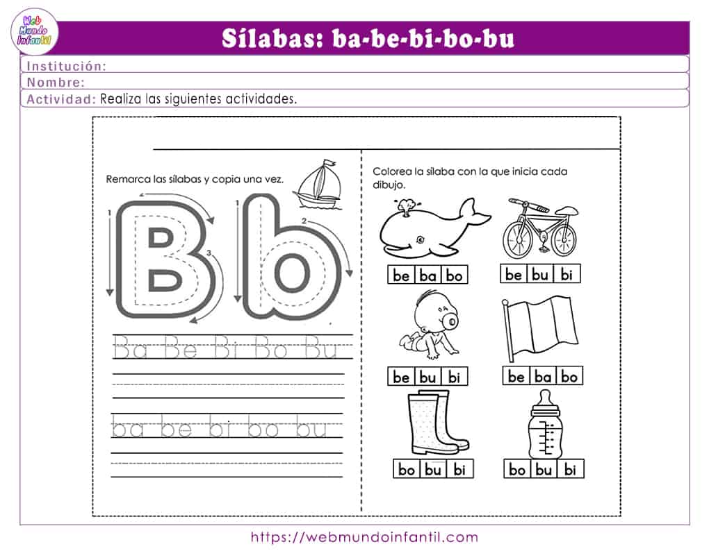 Ejercicios para aprender las sílabas ba, be, bi, bo, bu